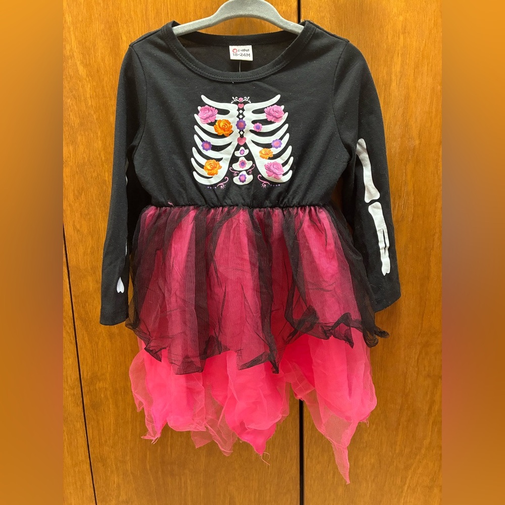PatPat Black and Pink Skeleton Dress for Kids